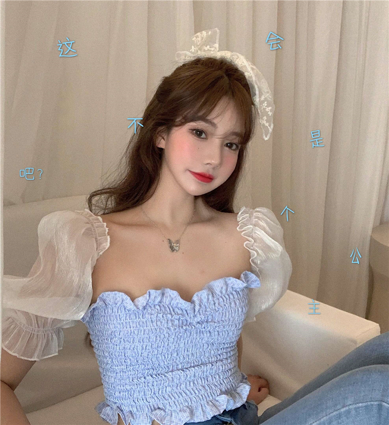 

2021 New Femme female cropped blouses Korean style, blue, short sleeve, sweet, women's shirts (r98139) 030B