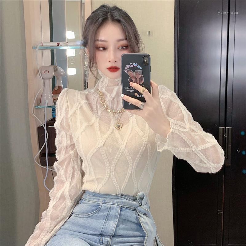 

2020 new autumn and winter western style high collar with bright silk lace mesh fake two-piece top bottoming shirt1, Black