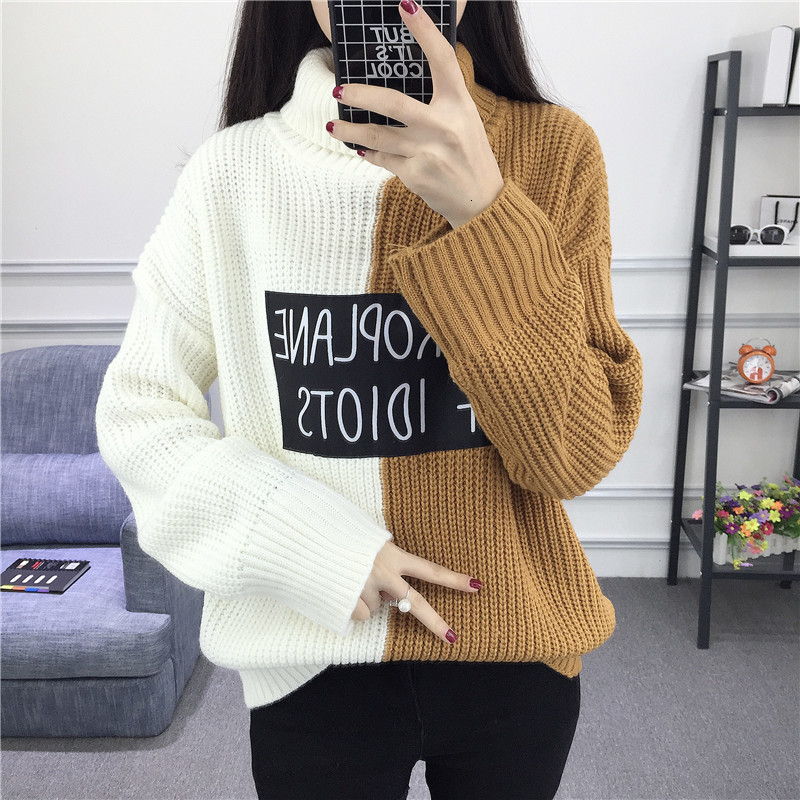 

2021 New Vintage Patchwork Oversized Sweater Autumn Winter Loose Knitted Turtleneck Pull Femme Hiver Women Sweaters and Pullovers Ioe6, Burgundy