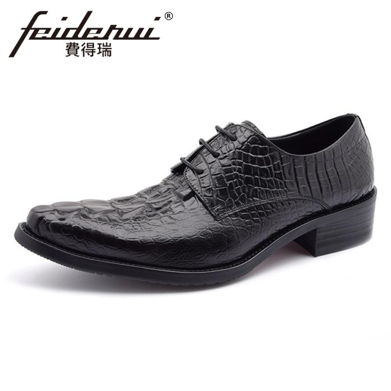 

High Quality Handmade Pointed Toe Derby Men's Footwear Genuine Leather Man Alligator Formal Dress Wedding Party Shoes YMX353, Black