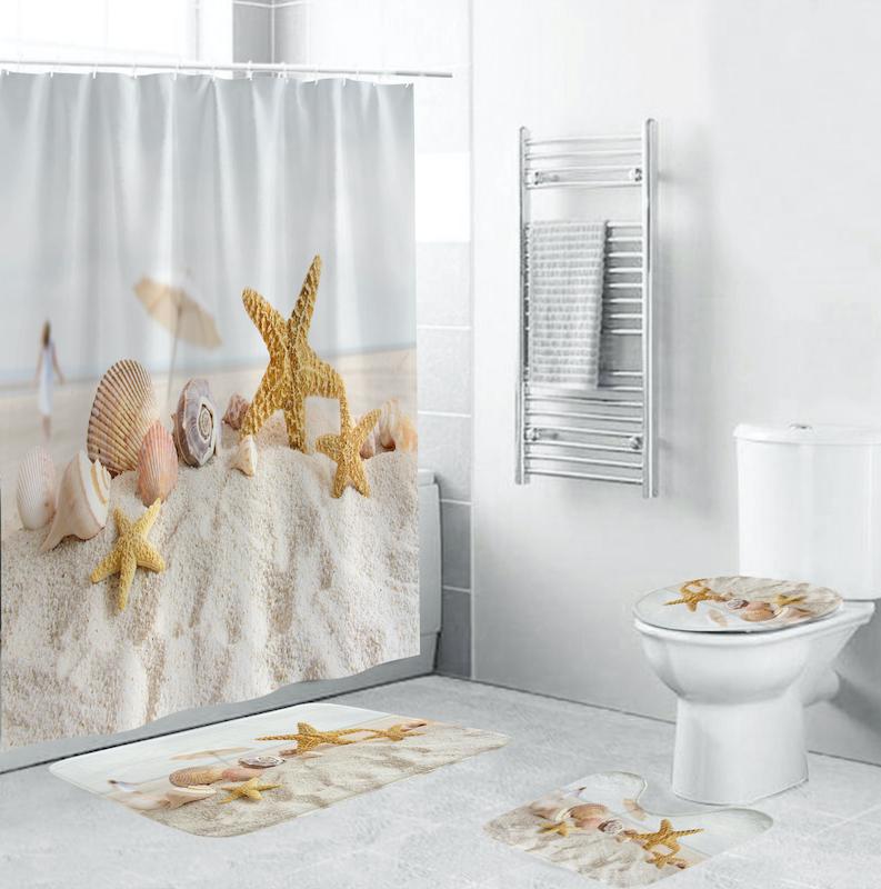 

New 4pcs/set Beach Conch Starfish Printed Pattern Bathroom Decoration Water-resistant Shower Non-slip Bath Mat Set