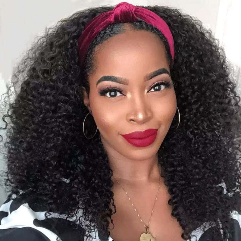 

Kinky Curly HeadBand Wig Human Hair None Lace Front Wigs for Black Women Machine Made Wigs Natural Color 150% Density, As pic