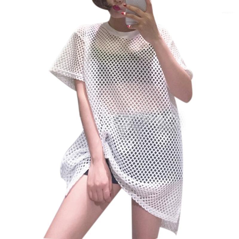 

Wholesale-New 2015 summer style Euramerican sexy long top side split hollow out perspective mesh T-shirt women short-sleeved female1, White