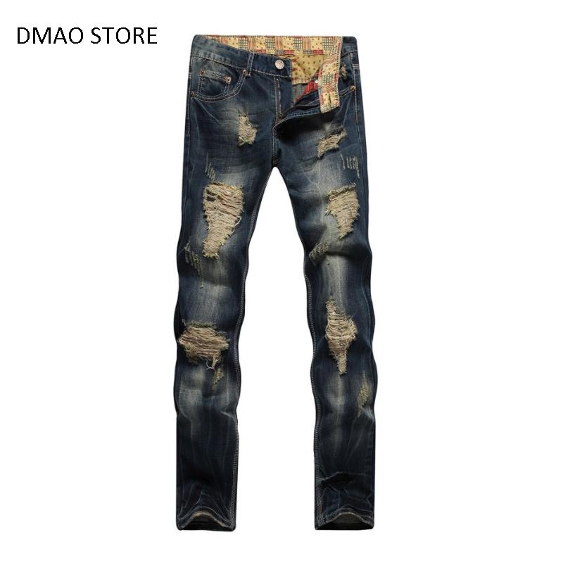

2020 Autumn high street designer straight leg ripped distressed skinny jeans men, Dark blue