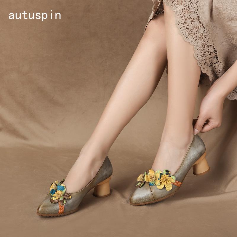 

autuspin Retro Flower Women Shoe Spring Autumn Real Leather Thick Heels Pumps Chinese Style Vintage Party Wedding Shoes Handmade, As pics grey
