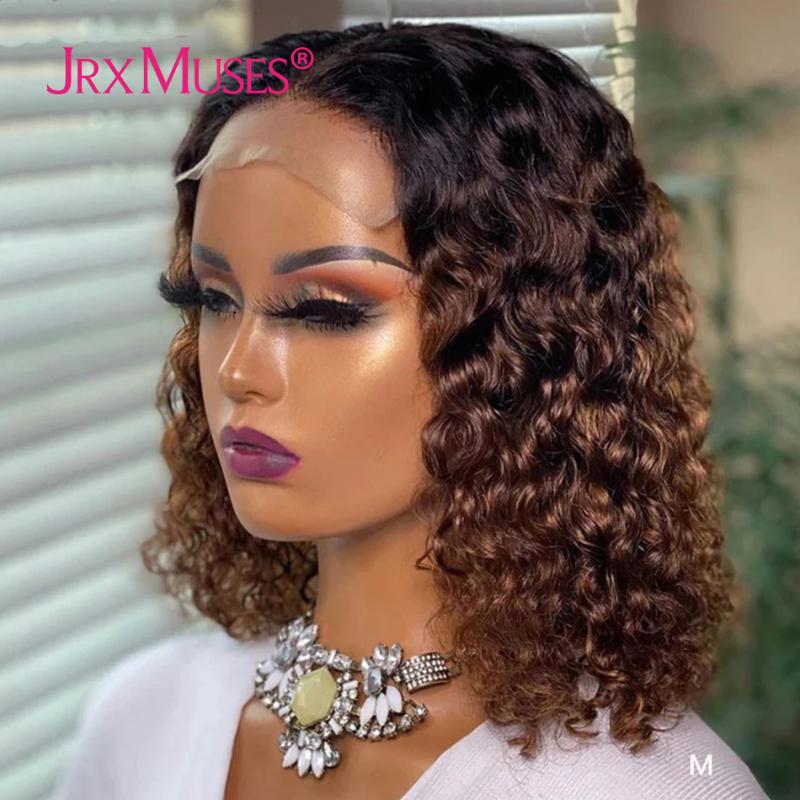 

Auburn Lace Front Human Hair Wigs 13x6 T Shaped Ombre 1B 30 Water Wave Curly Bob Wig T Part With Dark Roots For Black Women, As pic