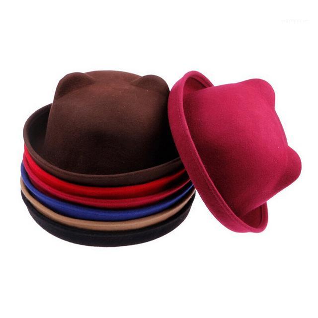 

Fashion Wool Felt Women's Fedoras Hats Retro Vintage Lady Bowler Hat Cat Ear Animal Cap Not Deformed Good Package 201, Navy blue