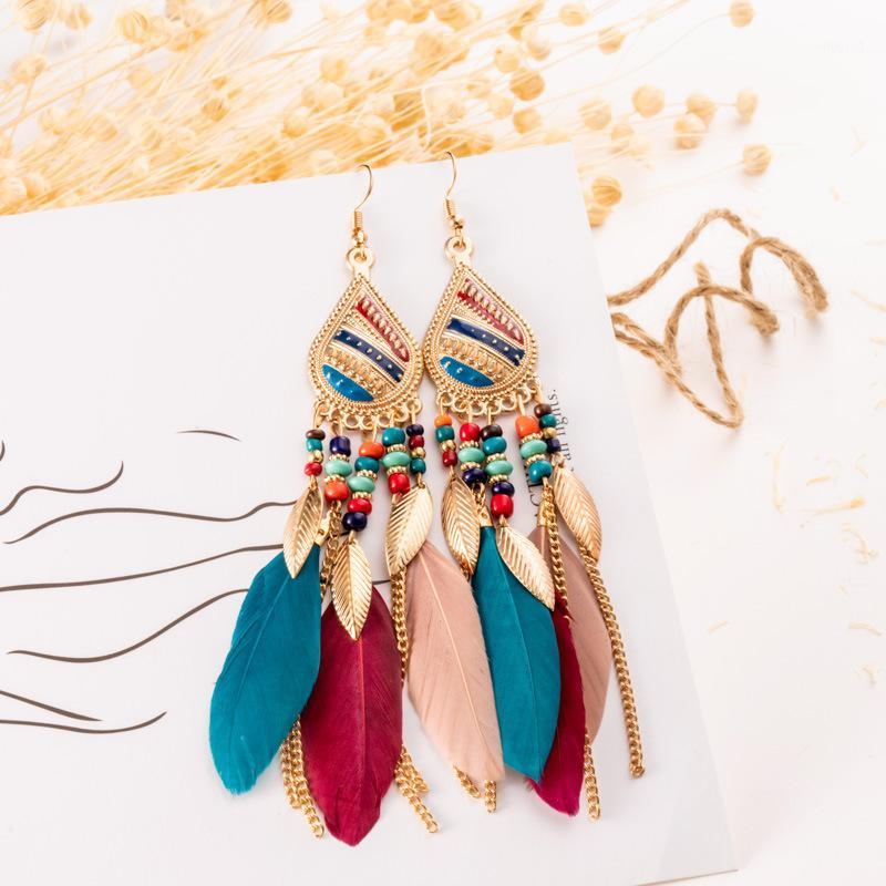 

Dangle & Chandelier 2021 Women's Feather Earrings Brincos Bijoux Vintage Bohemia Boho Long Leaf Tassel Tibetan Jewelry1