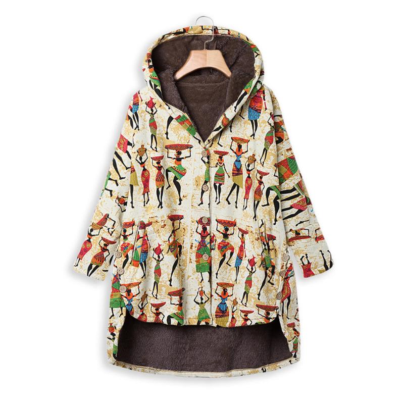 

Women Floral Print Jacket Coat Hooded Long Sleeve Female Vintage Autumn Winter Warm Loose Pockets Overcoat femme Outwear #925, Kh