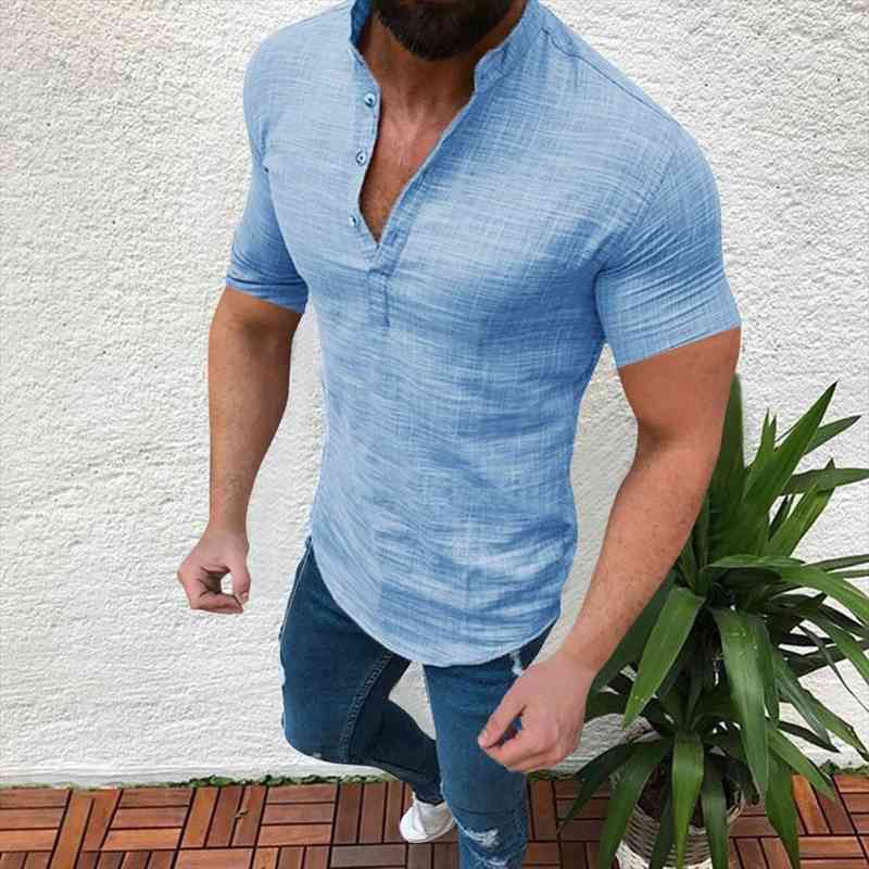 

40 mens t-shirt cotton linen casual loose shirts summer short sleeve tee ovesized solid button t shirt for men, Gray