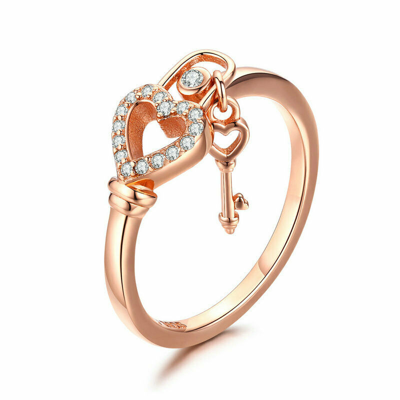 

New 925 Silver Rose Gold Plated Heart key and Lock Cubic Zircon Wedding Ring For Women