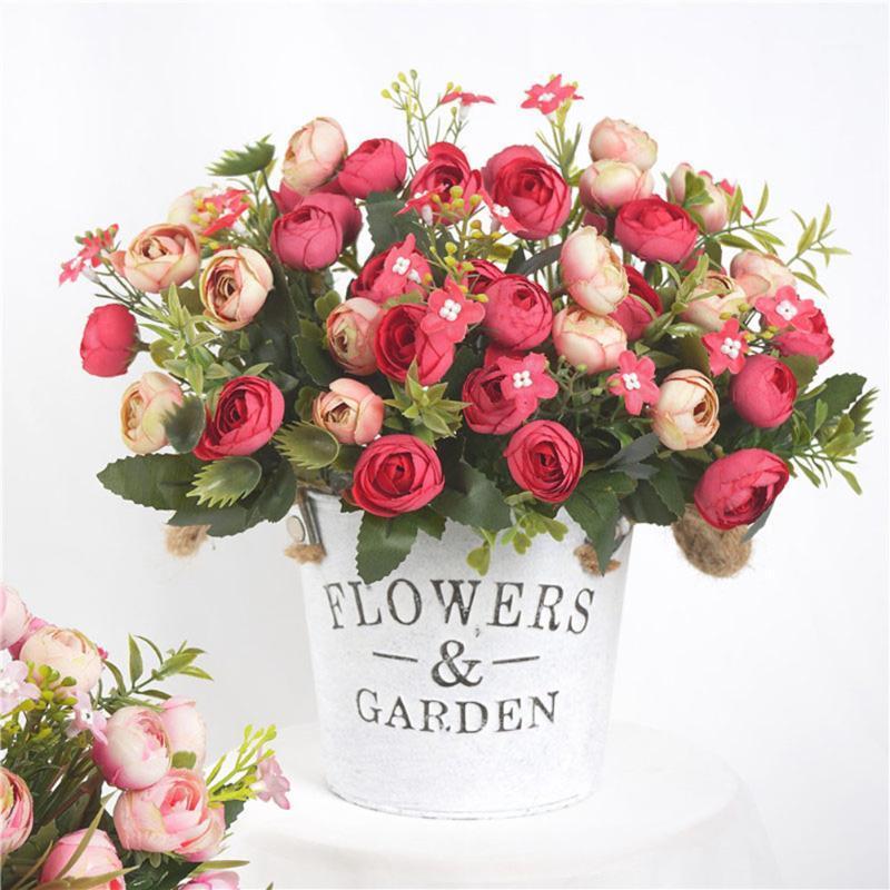 

5 Forks 13 Flowers Artificial Camellia Buds Flowers Silk Flower Small Bouquet Wedding Party Decoration Home Table Decor1, White