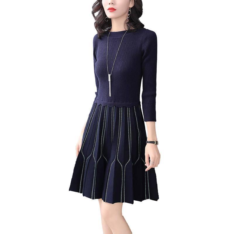 

Women 2020 Spring Autumn Faux Two Piece Knitted Sweater Dress Female Elegant Pleated Dress Lady A-Line Knit Vestidos V569, As pic