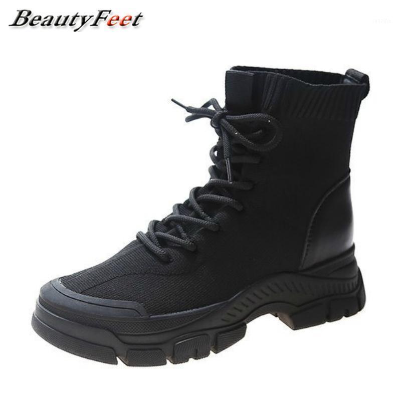 

2020 New Autumn Winter Boots for Women Shoes Woman Square Heels Chunky Boots Lace Up Solid Knitting Sock Ankle Plus Size1, Black