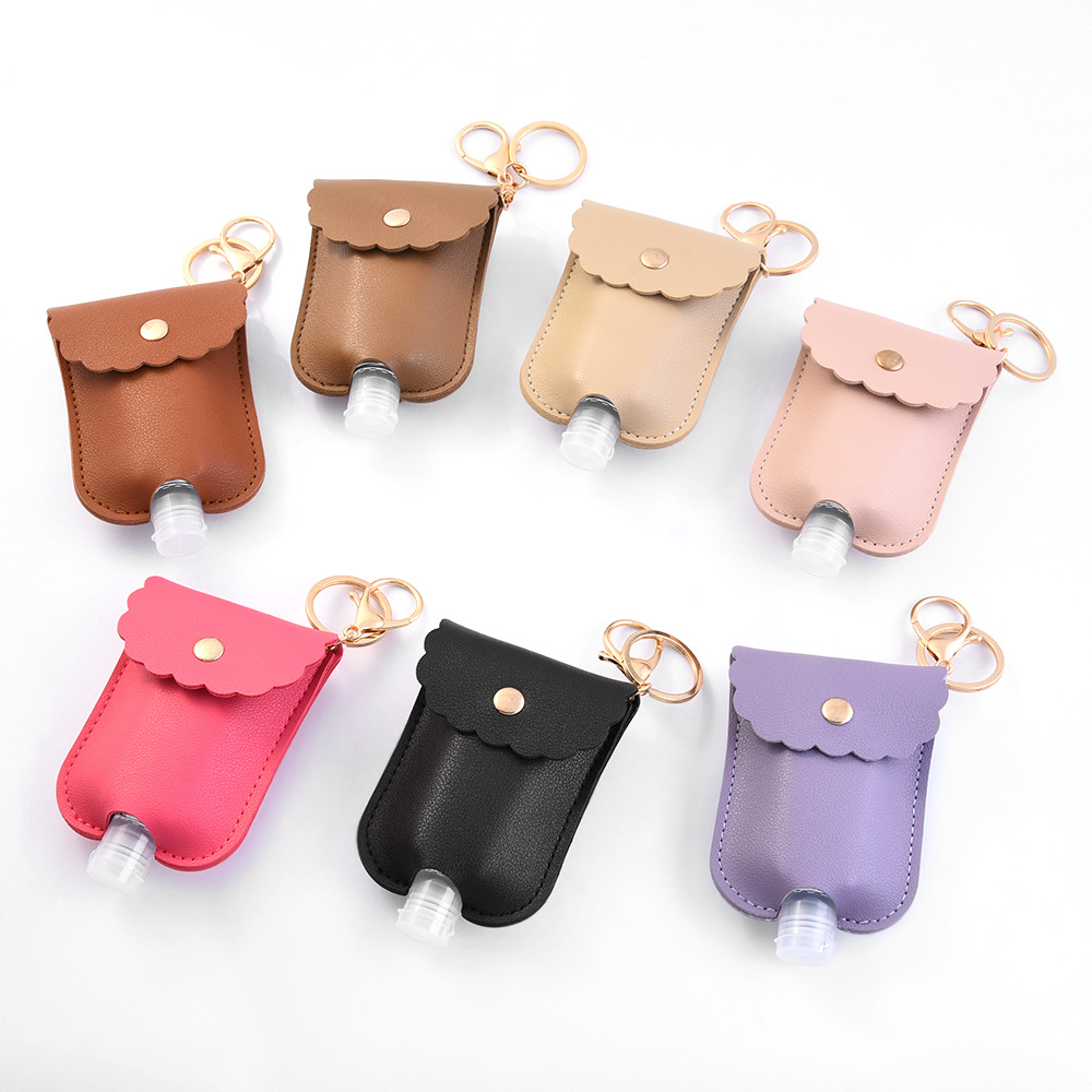 30ML Leather Hand Sanitizer Holder Keychain Student Bag Disinfection Water Leather Cover Solid Color Key Buckle Pendants With Bottle RN8106-image-640579573