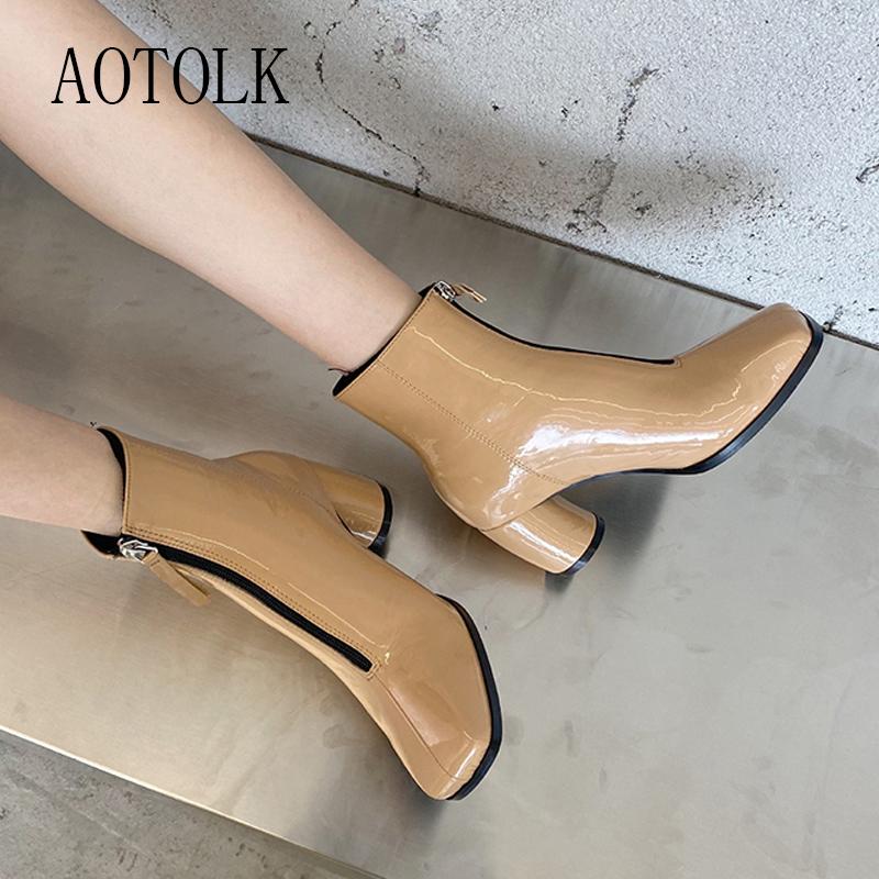 

Women Ankle Boots Bright Leather Square Toe Boots Fashionable Front Zipper High Heel Female Boot Autumn Winter Fashion New, Black