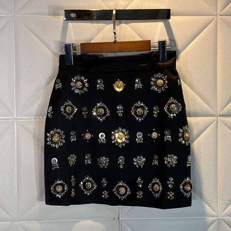 

High Quality Female Miniskirt Luxury Beads Floral Diamonds Stylish English Style High-waisted Skirts Skirt Lady' Party Gj1r, Black