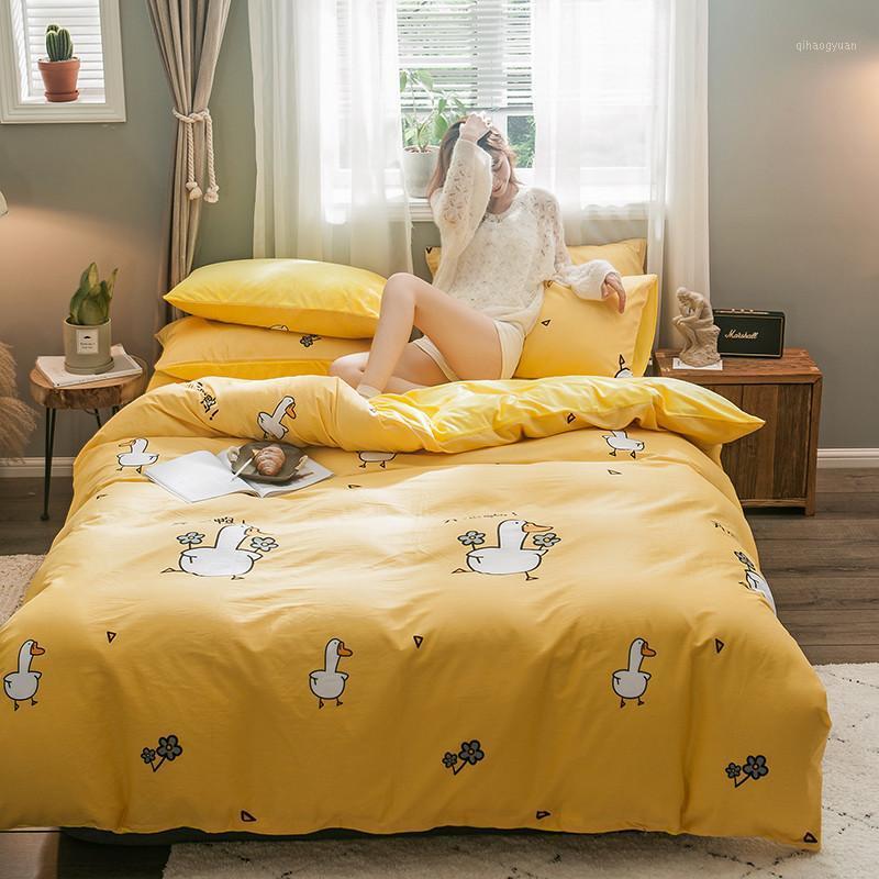 

Brief Style AB Side Pure Cotton Crystal Velvet Duvet Cover Pillowcases Bed Sheet Queen Happy Duck Flowers Home Set1