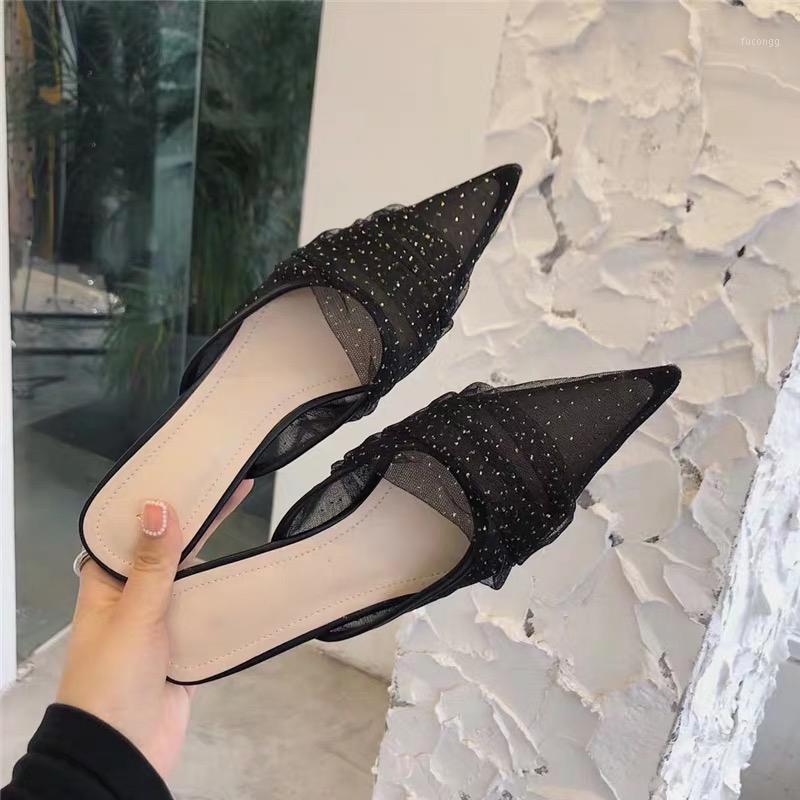 

Women Mules Shoes Ladies Slippers Slip On Casual Slippers Slides Casual Low Heeled Pointed Toe Rhinestone Air Mesh Flip Flops1, Beige