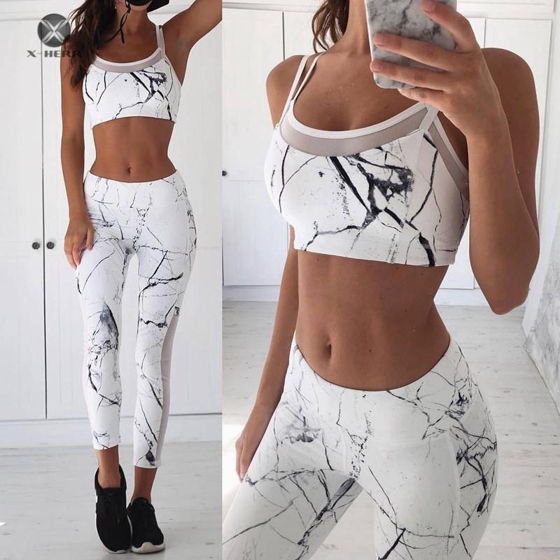 

X-HERR Marble Sleeveless Yoga Set Full Pant Mesh Women Clothes Sportswear Mesh Side Bra Top Exercise Running Sports Suit1