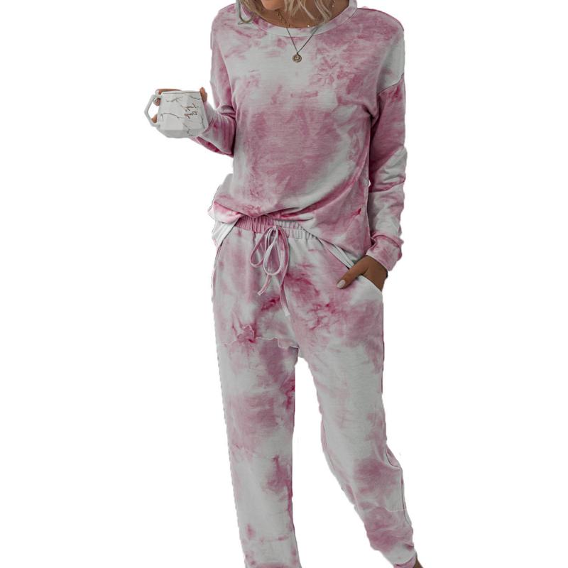 

Women Sportswear Two Piece Set Round Neck Long Sleeve Tops Bandage Sweatpants with Pocket Tie-Dye Printed Fitness Jogging Suits, Blue
