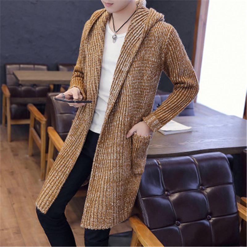 

Man Cardigan Knitting Sweater Coats Fashion Trend Long Sleeve Hooded Mid-length Outerwear Designer Spring Male Casual Slim Knitted Sweater, Khaki