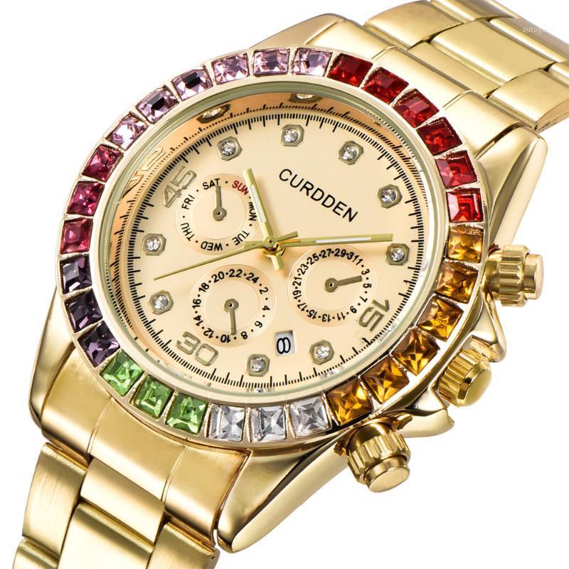 

Wristwatches CURDDEN Big Watches Fashion Stainless Steel Band Date Diamond Quartz Reloj Hombre Acero Inoxidable1, Gold
