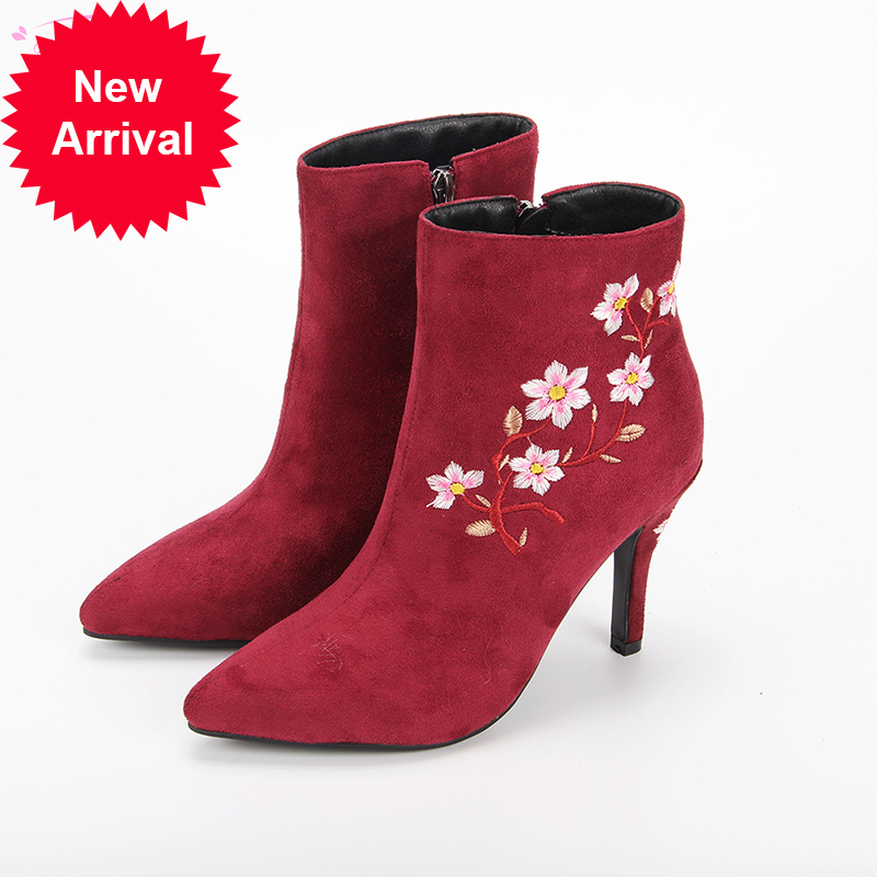 

2021 The New Sexy Party Style to the Ankle Fashion Flower-embroidered Zipper Stiletto Riding Boots Women's Shoes 3215, Black