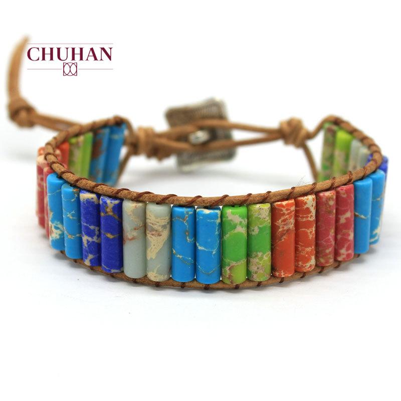 

Charm Bracelets CHUHAN Colorful Imperial Stone Bracelet Hand Woven Leather Rope Bohemia Natural C255