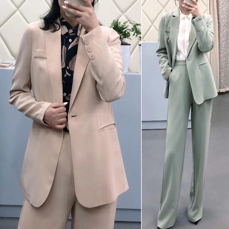 

European goods boutique couture autumn/winter acetic acid long-sleeved suit + high waist straight pants suit, Black
