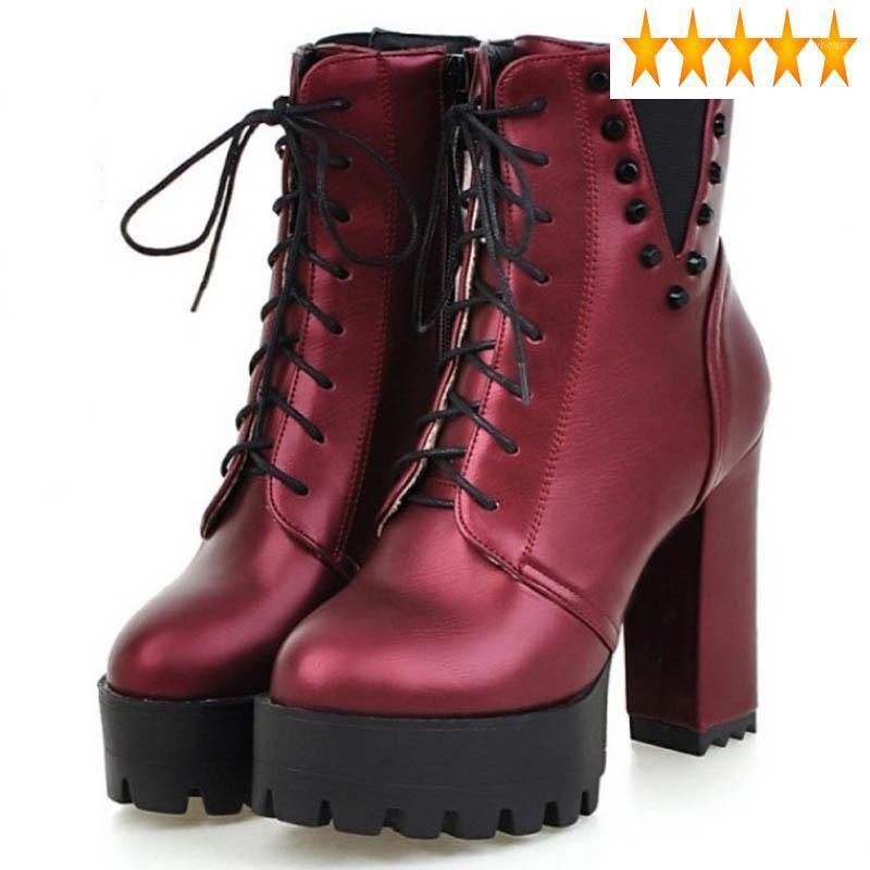 

Block Euro Autumn Super Winter High Heel Punk Pu Leather Womens Ankle Boots Rivet Hip Hop Thick Platform Female Footwear Zapatos1, Black