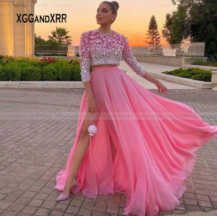 

In Fashion Pink Two Piece Prom Dress 2020 Luxury Beading Crystal Flower Long Evening Dress Side Slit Formal Party Gown Plus Size, Gray