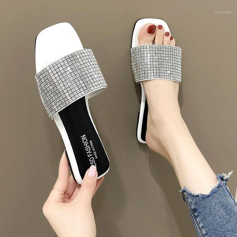 

Summer Ladies42 Plus Size Slippers Net Red Rhinestone One-Line Slippers Women 2020 New Korean Fashion flat Non-Slip Beach Shoes1, Silver