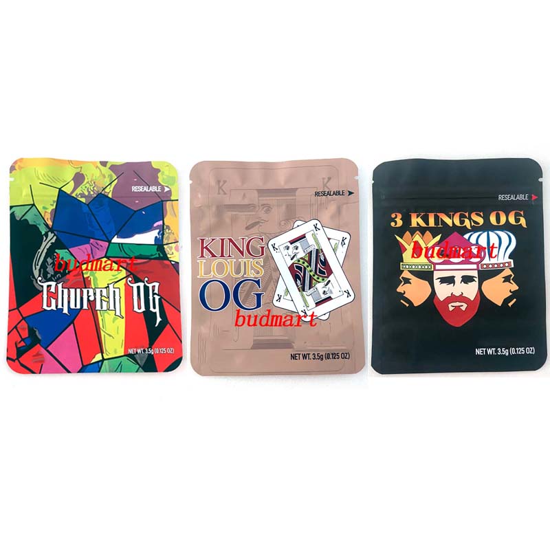

Cookies smell proof bag Cannakings King louis og 3 kings og Church OG 3.5g mylar bags cali packs