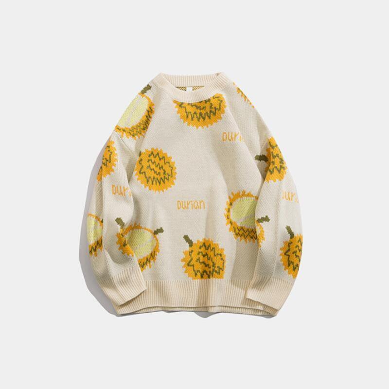 

Men's Sweaters 2021 Autumn Winter Men's Printed O-neck Pullover Comfortable Casual Japanese Trend Durian Fruit Knitted Sweater Man W162, Beige