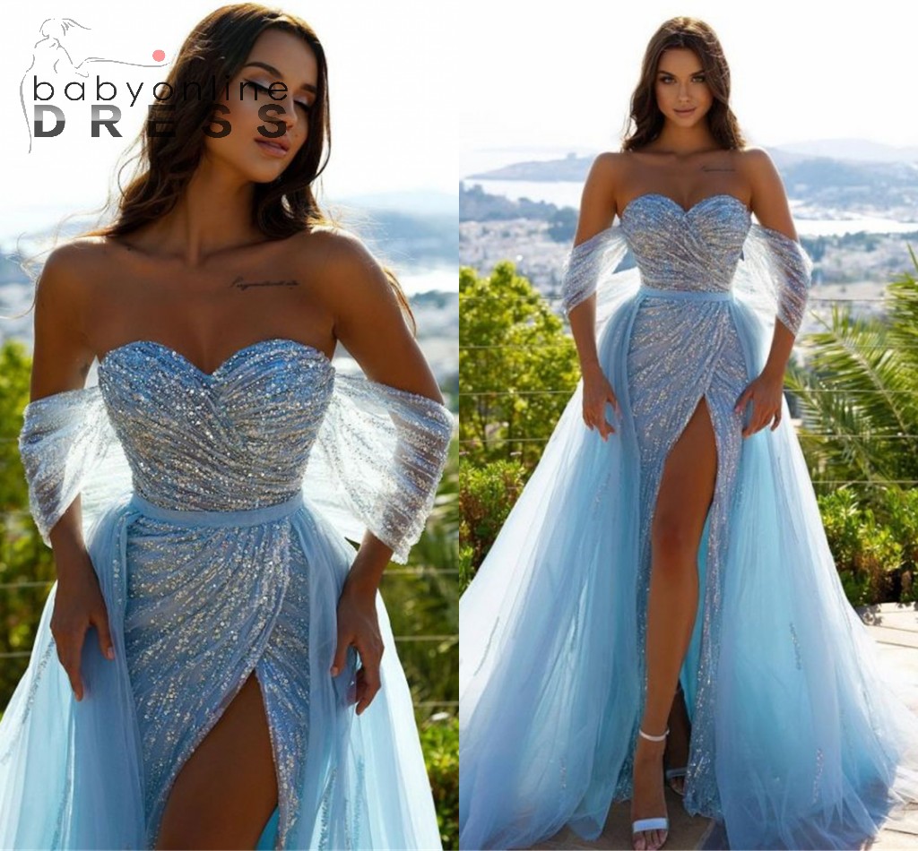 

Stunning Light Sky Blue Sequined Evening Dresses With Detachable Tulle Skirt Sexy High Split Mermaid Off Shoulder Arabic Dubai Luxury Party Occasion Gowns Prom, Black