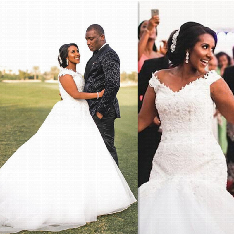 

New 2 In 1 Arabic Wedding Dress 2021 Mermaid African Bridal Gowns With Detachable Train Lace up Back Wedding Gown, White