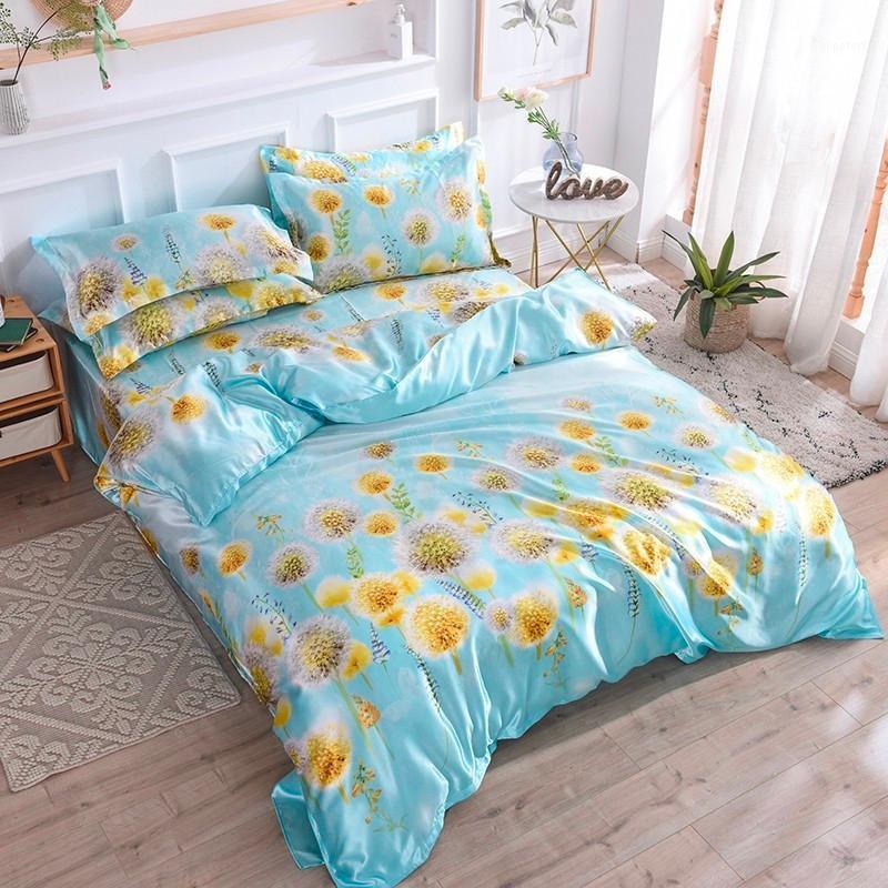 

Satin Silk Bed Linen Silk Bedding Sets 4pcs Queen King Size Floral Printed Duvet Cover  Bedcloth Summer Pastoral Bed Sheets1, 09