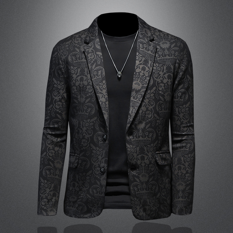 

2022 spring new knitted print small suit men's Korean version youth business slim coat thin clothes plus size, Black