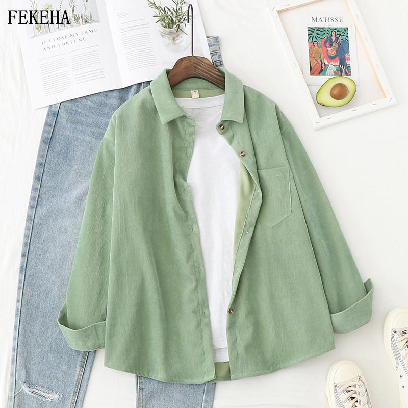 

Corduroy Shirts Women Blouses Outwear Tunic Lady Tops And Blouses Long Sleeve Female Clothing Button Up Down Loose White Blue, As picture