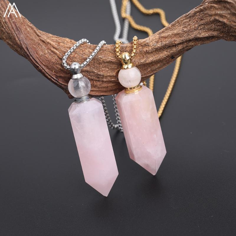 

Hexagonal Natural Pink Quartz Perfume Bottle Pendant Necklace Women Roses Quartz Stainless Steel Perfume Jewelry DSS-185AMCB1