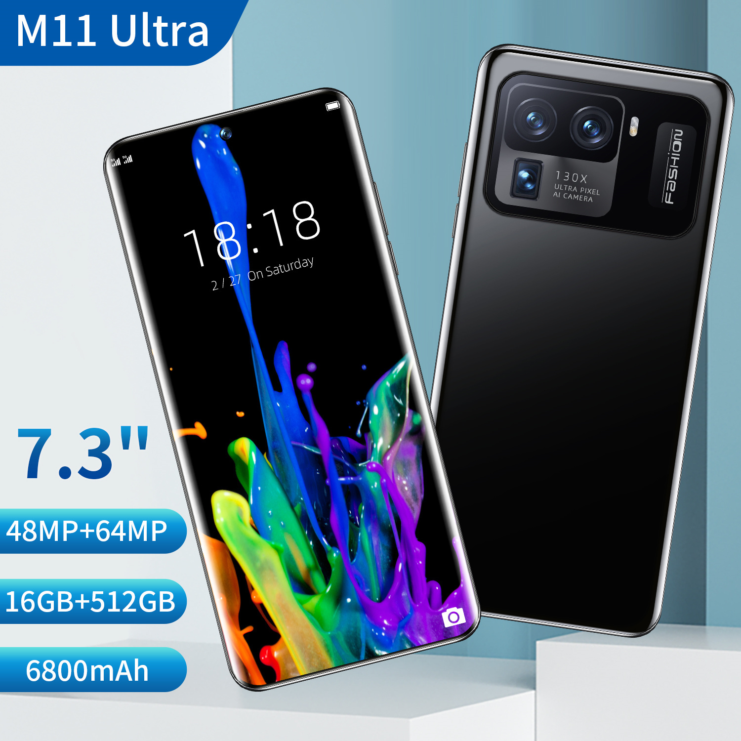 

2022 Newest 7.3 Inch Smart phone Android 11.0 16GB RAM 512GB ROM 6800mAh Big Battery Deca Core CPU Mobile Phone 32+64MP Rear Cameras Unlock, Gold