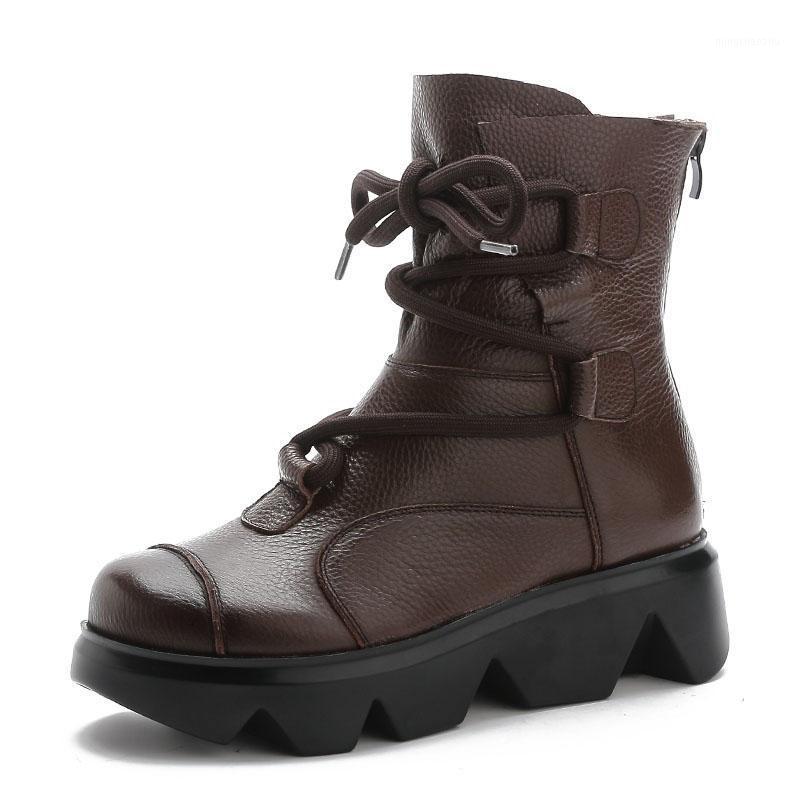 

2020 Winter Retro Women Warm Shoes Autumn Thick Bottom Genuine Leather Boots Women Wedges Platform Casual Mid Calf Boots Black1, Black