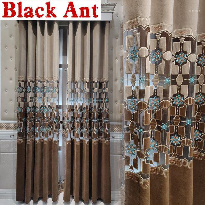 

Europe Luxury Semi-Blackout Curtain Laser Geometry Embroidered Coffee Velvet Fabric Villa Living room Door Window Drapes X836F1, Tulle
