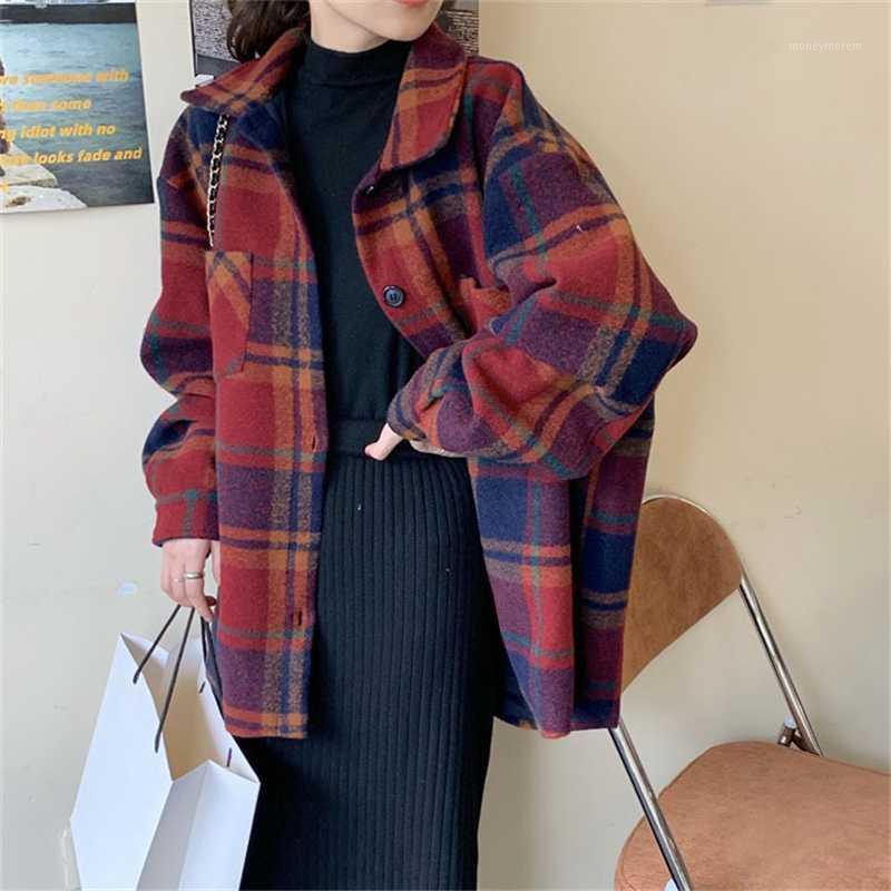 

2020 Early Spring New Retro Bf Wind Loose Mid-Length Single-Breasted Lapel Long-Sleeved Plaid Woolen Coat Female Tide H10221, Red blue