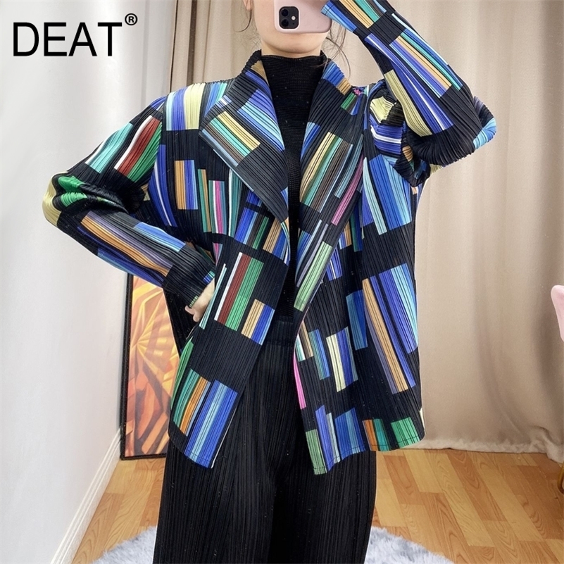 

[DEAT] Full Sleeve Laepl Collar Colorful Striped Loose Cardigan Casual Coat Jacket Women New Autumn Fashion Jackets AR066 201210, Blue coat