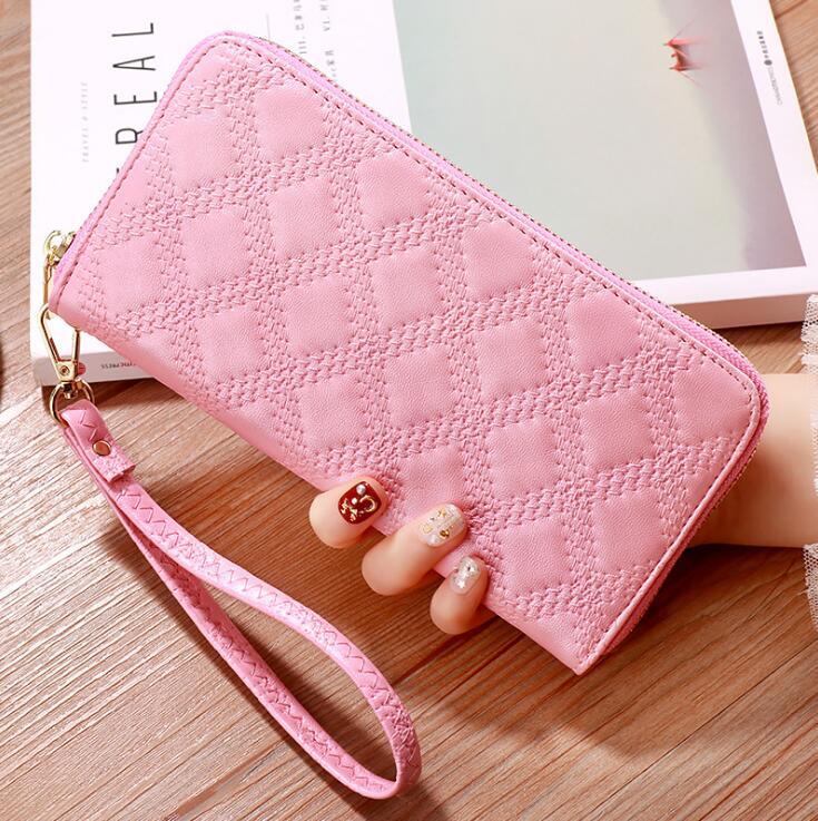 

women handbag leather hand wallet classic plaid long purse sweet embroidery womens wallets multifunctional leathers mobile phone bag, Green2(printing box )