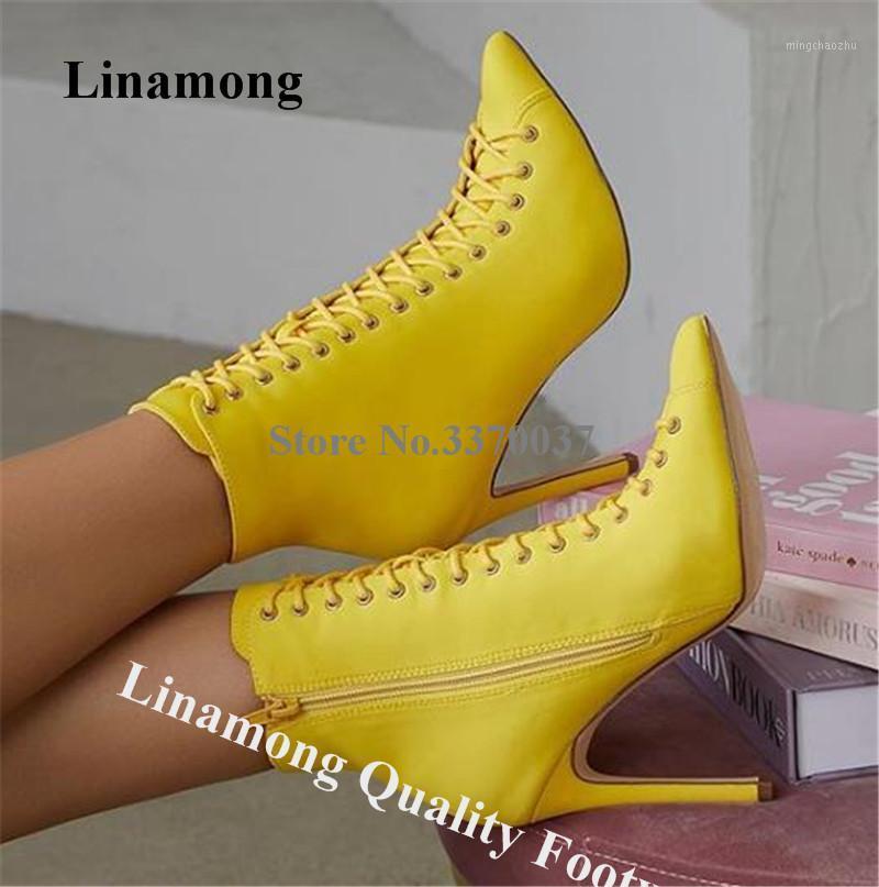 

Linamong Women Elegant Pointed Toe Stiletto Heel Short Boots Yellow Suede Lace-up High Heel Ankle Booties Big Size Dress Heels1, As picture