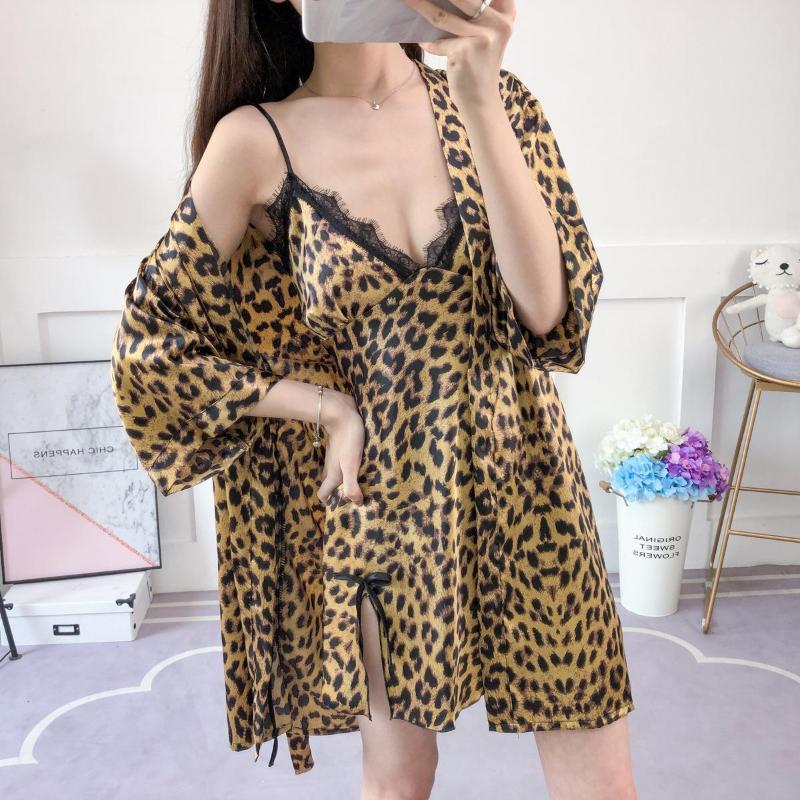 

Women's Sexy Leopard Lace Nightgown Slip Dress Two-piece Suit Spring Autumn Pajamas V-neck Thin Home Clothing Sleepwear