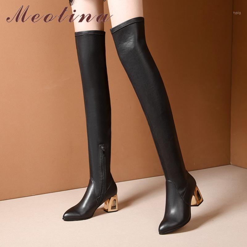 

Meotina Winter Thigh High Boots Women Natural Genuine Leather Thick High Heel Over The Knee Boots Slim Stretch Zipper Shoes Lady1, Black